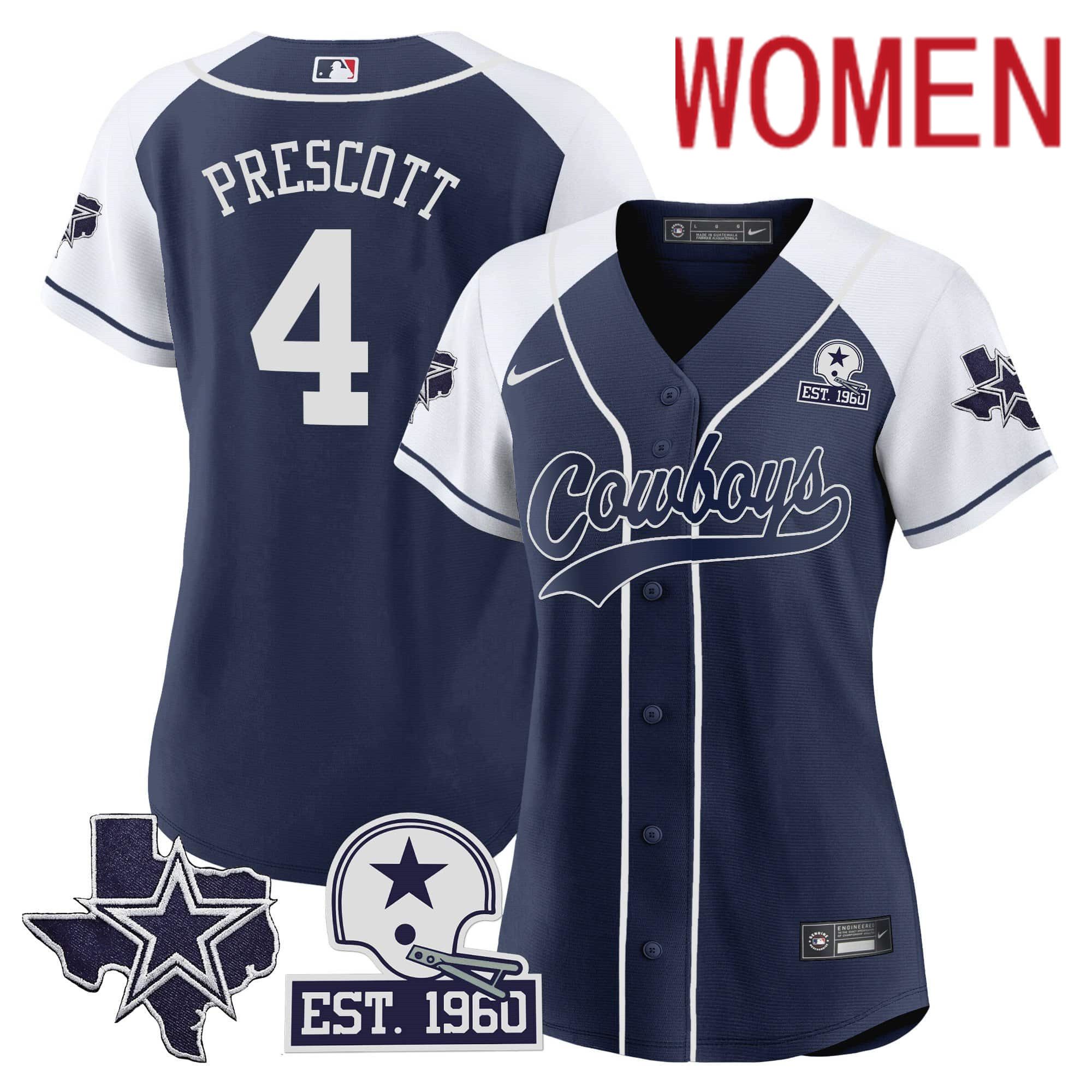 Women Dallas Cowboys #4 Prescott Dark blue 2024 Nike Patch Baseball NFL Jersey style 1->women nfl jersey->Women Jersey